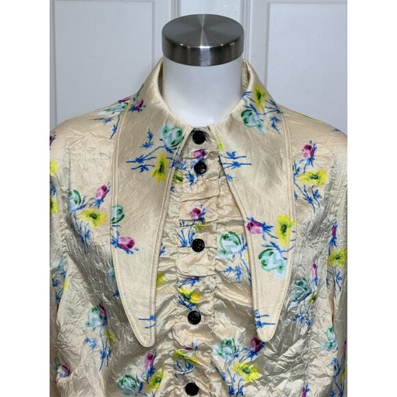GANNI Floral Ruched Crinkled Cream Satin Long Sleeve Shirt, Size 44 | 14 - Picture 3 of 12